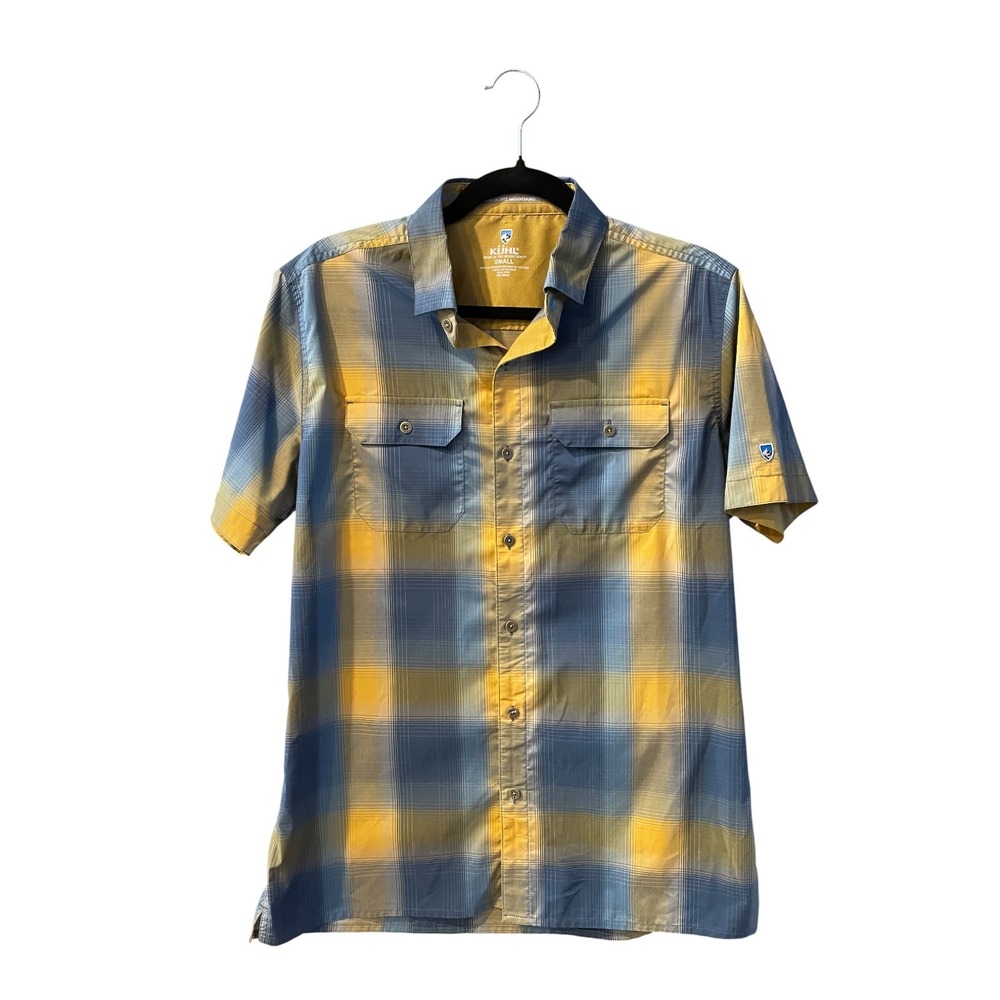 Kuhl Mens Response Short Sleeve Blue Yellow Plaid Button Down Shirt Retail $85